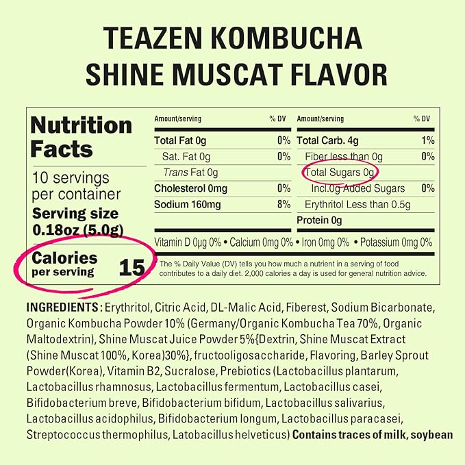 TEAZEN Shine Muscat Kombucha Tea, Electrolyte Powder & Hydration Drink Mix, Sugar Free, Live