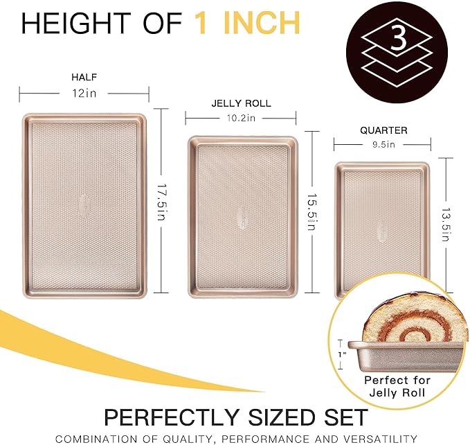 HONGBAKE Baking Sheet Pan Set of 3, Cookie Sheets for Oven, Nonstick Half/Quarter/Jelly Roll Pans