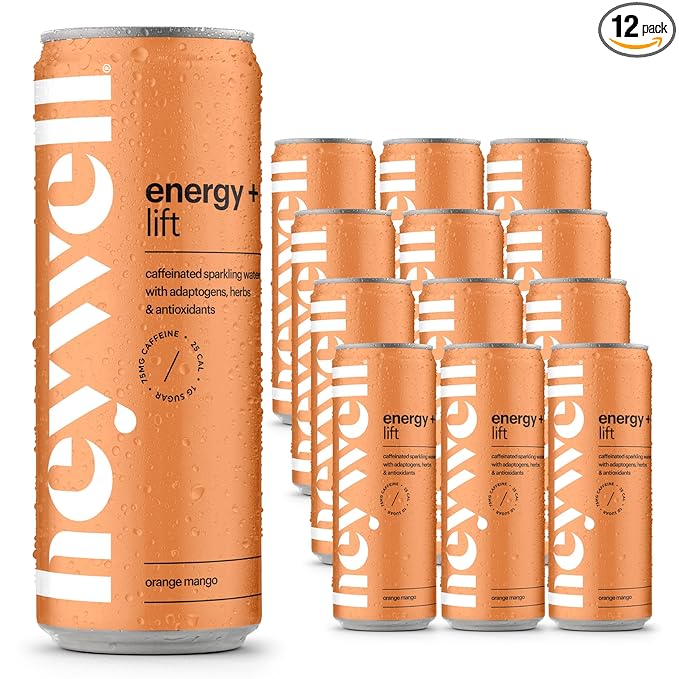Heywell Sparkling Adaptogenic Water, Energy and Uplift, Orange Mango Flavor 12 Fluid Ounce (Pack of