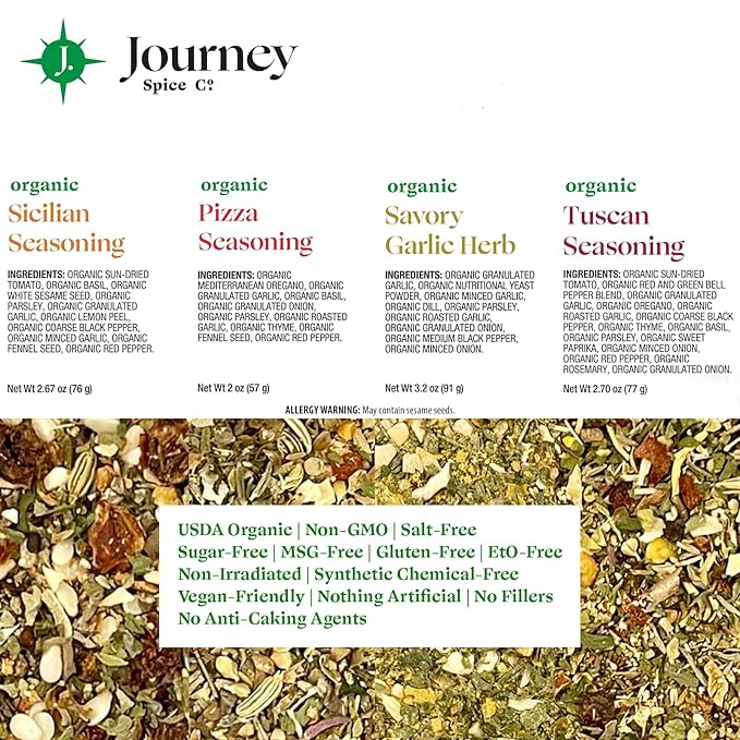 Gourmet Organic Italian Spice and Seasoning Gift Set by Journey Spice Co. | Salt-Free | Pizza
