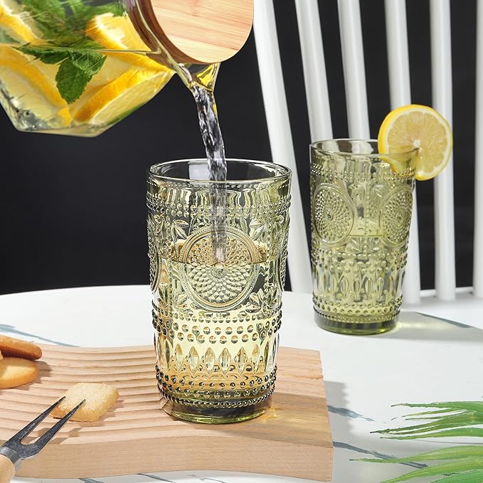Joeyan Green Vintage Drinking Glasses,Embossed Boho Sunflower Highball Water Glass Tumbler,14 oz