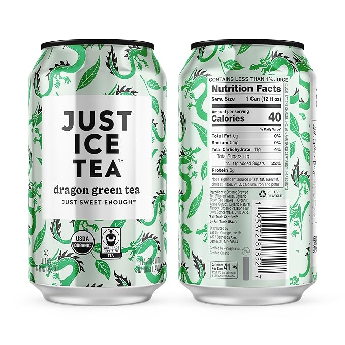 Just Ice Tea, Dragon Green Iced Tea, 24-Pack (12oz Cans), Green Tea, USDA Certified Organic, Real