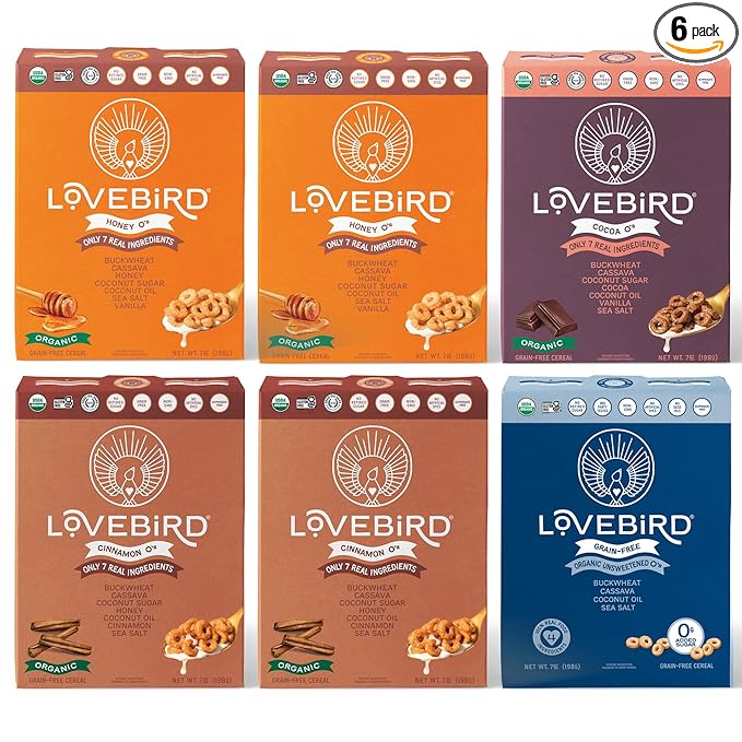 Lovebird Organic Gluten Free Cereal, Variety Pack ??Prebiotic Fiber, Gut Health, Low Sugar, Grain