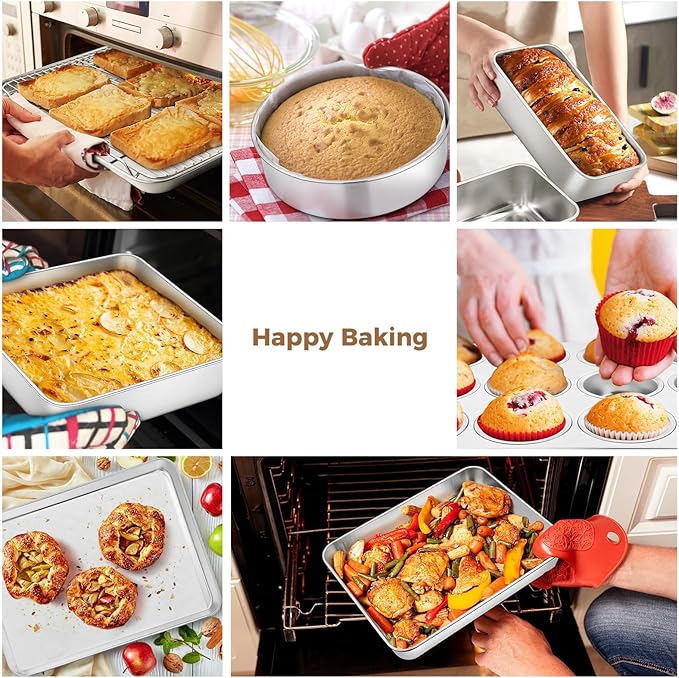 E-far 9-Piece Baking Pan Set, Stainless Steel Bakeware Sets for Sheet Cake Cookie Loaf Muffin