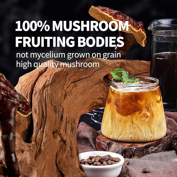 GANOHERB Instant Mushroom Coffee Powder, Arabica Coffee Mix with 5 Adaptogen Mushrooms, Lions Mane