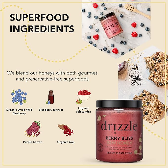 Drizzle Berry Bliss Raw Honey - All Natural Pure Raw Honey with Organic Blueberry, Unfiltered &