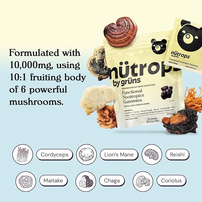 Nutrops Lions Mane Mushroom Gummies for Adults, Functional Nootropics, Herbal Brain Supplement for