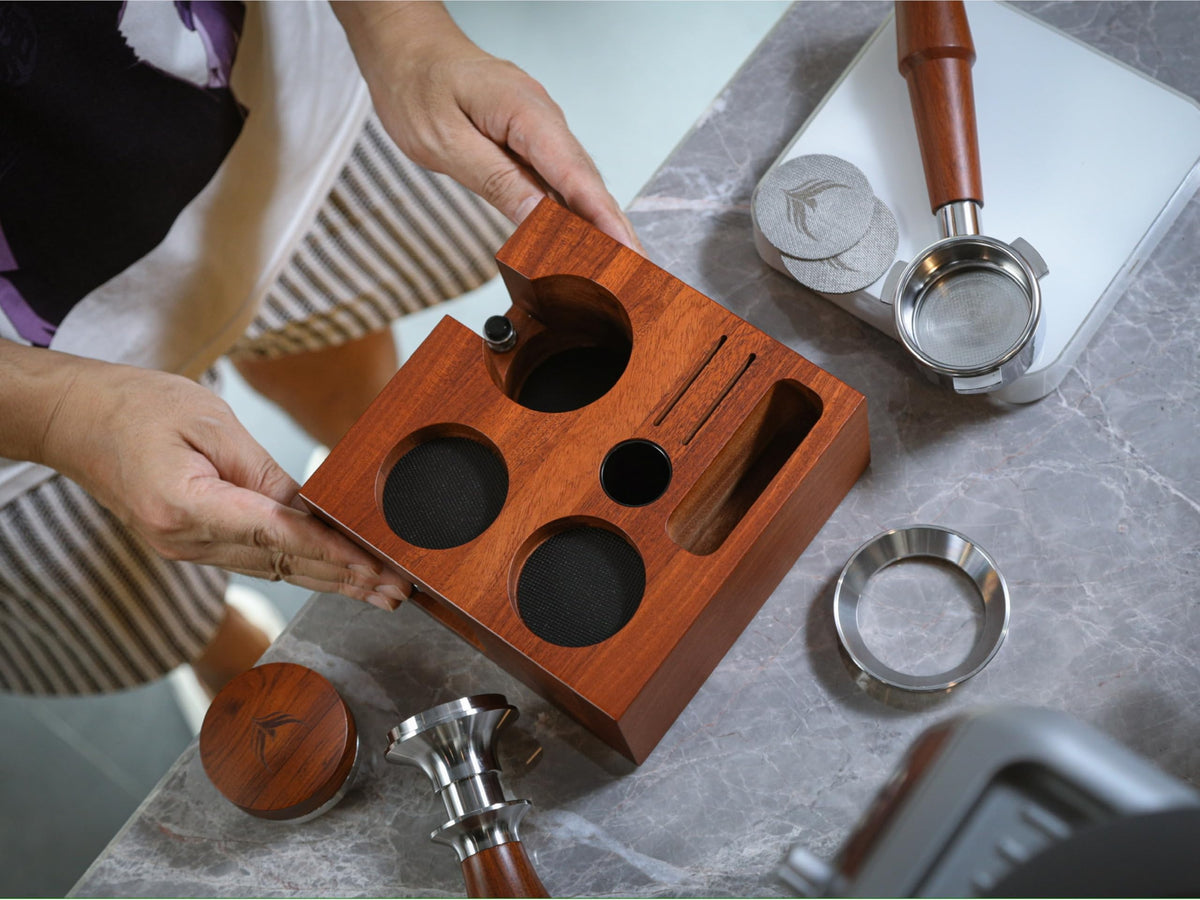 KNODOS Espresso Accessories Organizer Box 58mm Tamping Station Rosewood Espresso Tools Stand for