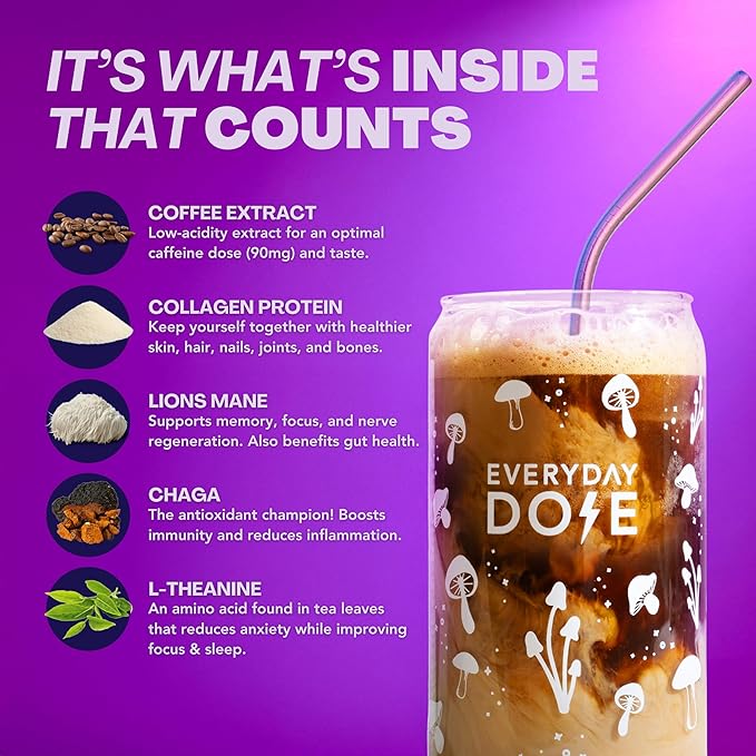 Everyday Dose Bold Medium Roast Mushroom Coffee 90mg Caffeine per serving with Grass-Fed Collagen