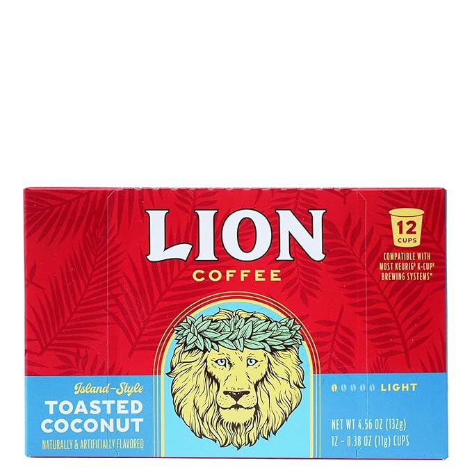 Lion Coffee Toasted Coconut Flavored Medium Roast Coffee Pods - Single-Serve Pods - Hawaiian