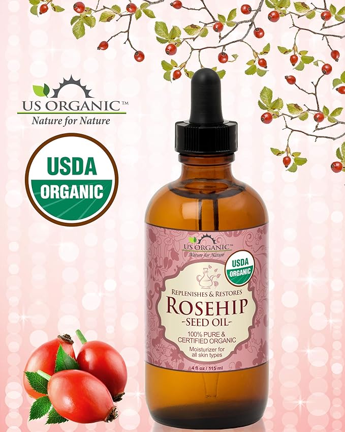 US Organic Rosehip Seed Oil, USDA Certified Organic, Cold Pressed, Virgin Organic, Amber Glass