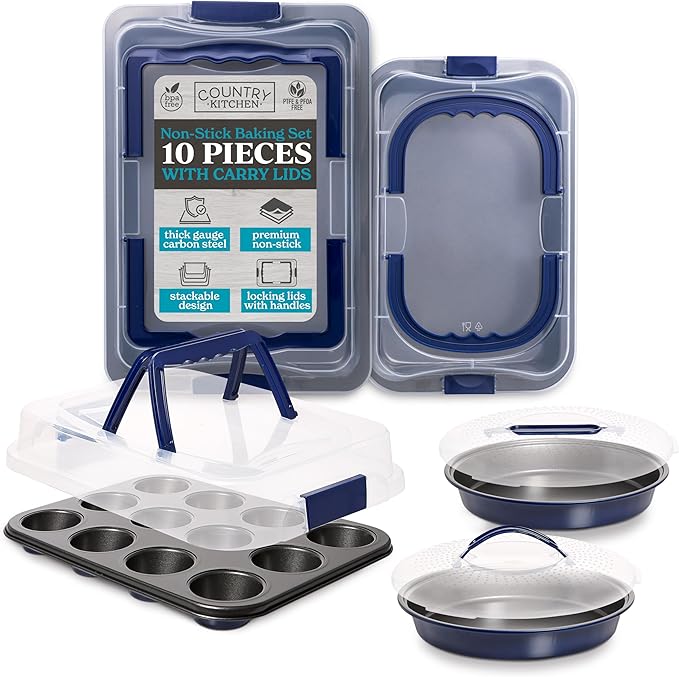 Country Kitchen Baking Pans Set - 10 Piece Non-Stick Cake Pans with Carry Lids for Easy Storage &