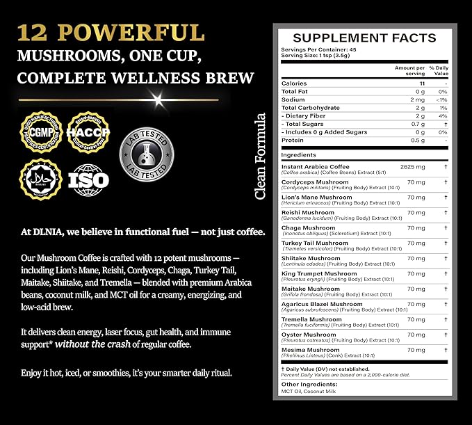 DLNIA Organic Mushroom Coffee with 12 Adaptogenic Mushrooms, Arabica Beans, Coconut Milk & MCT Oil