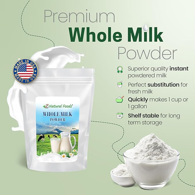 Z Natural Foods Premium Whole Milk Powder - Powdered Milk for Baking, Cooking, Drinks - Dry Milk