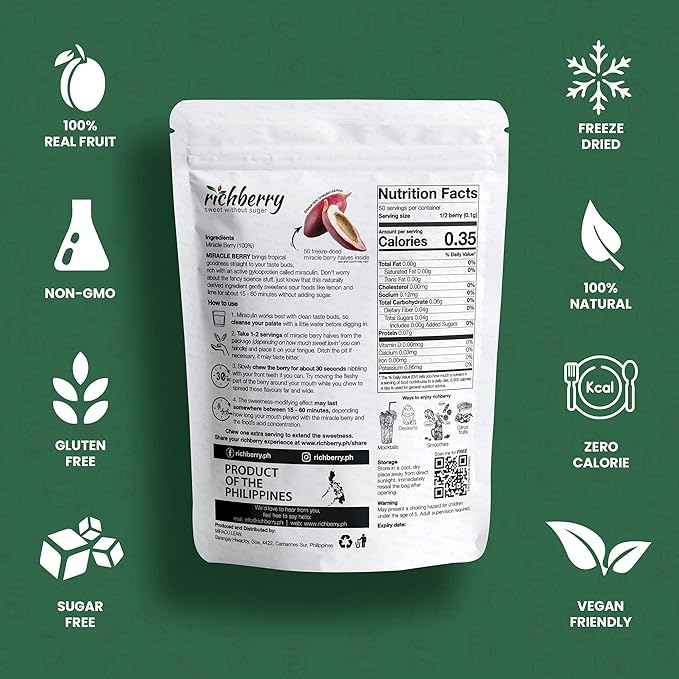 Miracle Berry by richberry, 50-Halves, Freeze Dried Premium Fruits, 100% Real Fruit, No