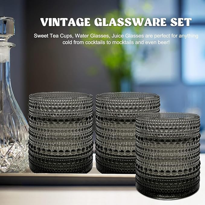 Set of 4 Vintage 12 oz Crystal Glasses, Old Fashioned Glass Cups for Water, Juice, Coffee, and Beer