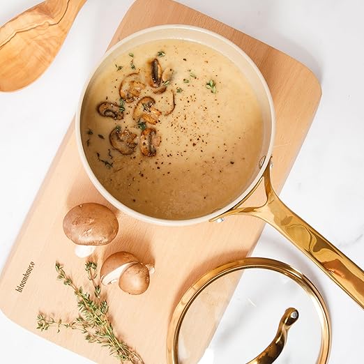 bloomhouse 3 Quart Heavy Duty Aluminum Premium PFA Free Ceramic Nonstick Saucepan with Lid - Almond