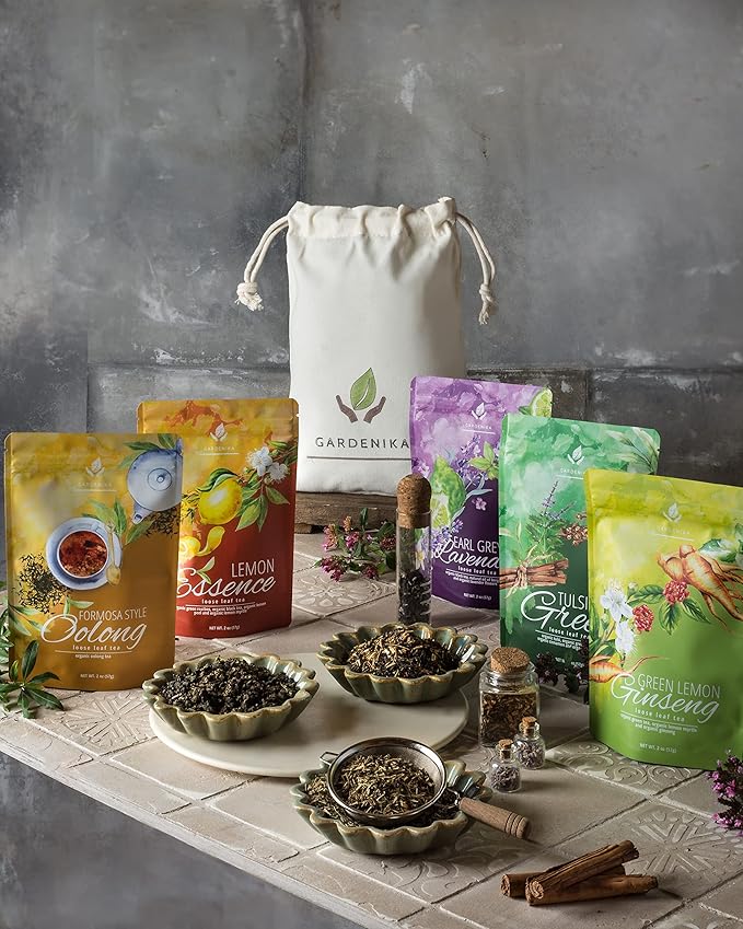 Gardenika Organic Loose Leaf Tea Sampler - Caffeinated - Black and Green Leaves Variety - Kosher