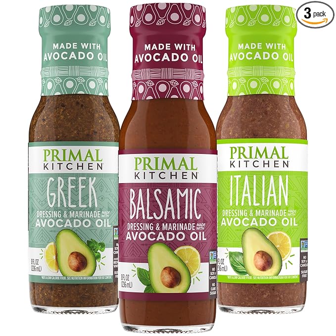 Primal Kitchen Italian Dressing, Balsamic Vinaigrette, and Greek Dressing & Marinade, Made with