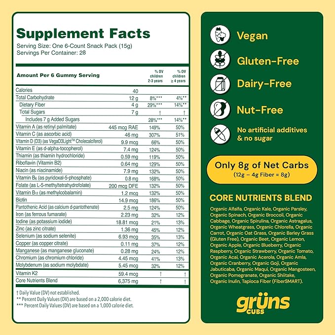 Gruns Kids Vitamins, Super Greens Gummies - Superfood Gummy Bears with Spirulina, Chlorella, 20+