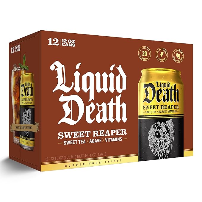 Liquid Death Iced Tea - Unsweet Reaper, Less Sugar*, Boost of Caffeine, B Vitamins, No Artificial