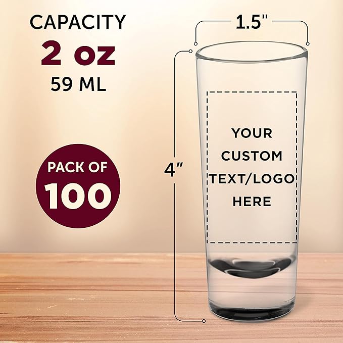 Custom Cordial Shooter Shot Glasses 2 oz. Set of 100, Personalized Bulk Pack - Great for Birthdays