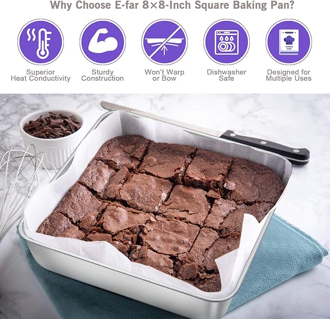 8 x 8-Inch Baking Pan, E-far Square Cake Brownie Baking Pans Stainless Steel Bakeware Set of 3