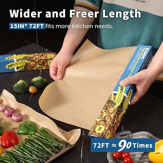 KOOC Premium 72-Feet Parchment Paper Roll - 15-Inch Width, Non-Stick, Unbleached Baking Paper