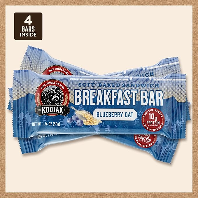 Kodiak Cakes Soft Baked Sandwich Breakfast Bar, Blueberry Oat, High Protein, 100% Whole Grains, 12