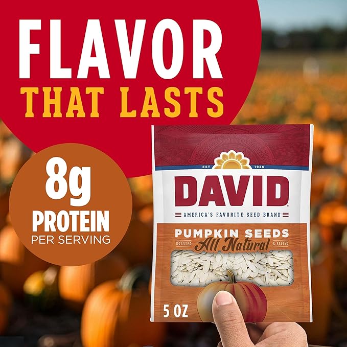 DAVID Roasted and Salted All Natural Pumpkin Seeds, 5oz. (Pack of 12)