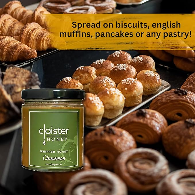 Cloister Honey Whipped Honey - Cinnamon (9 oz) | Hand Crafted | Raw Artisan Honey | 100% Pure, Raw