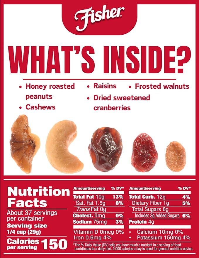 Fisher Snack Sweet Nut Bulk Trail Mix, 38 oz (Pack of 1), Honey Roasted Peanuts, Raisins, Frosted