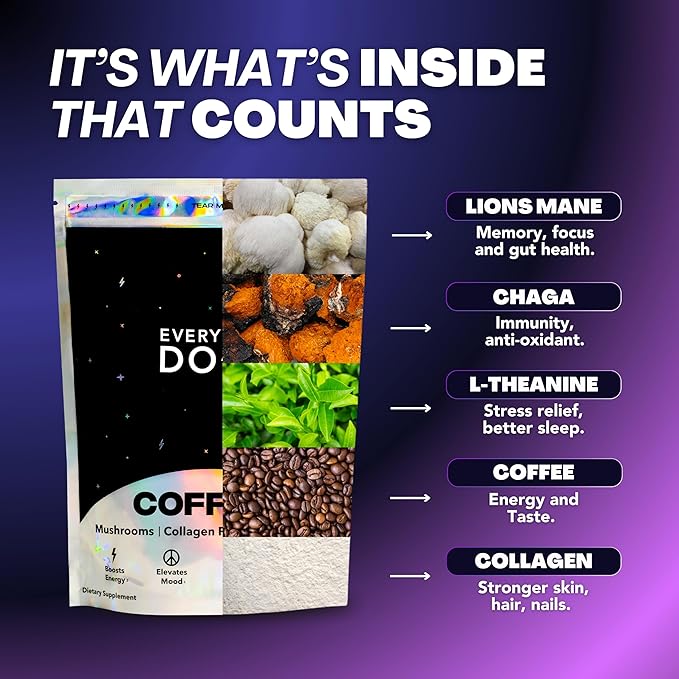 Everyday Dose Premium Adaptogenic Mushroom Coffee with Grass-Fed Collagen, Chaga, Lions Mane &
