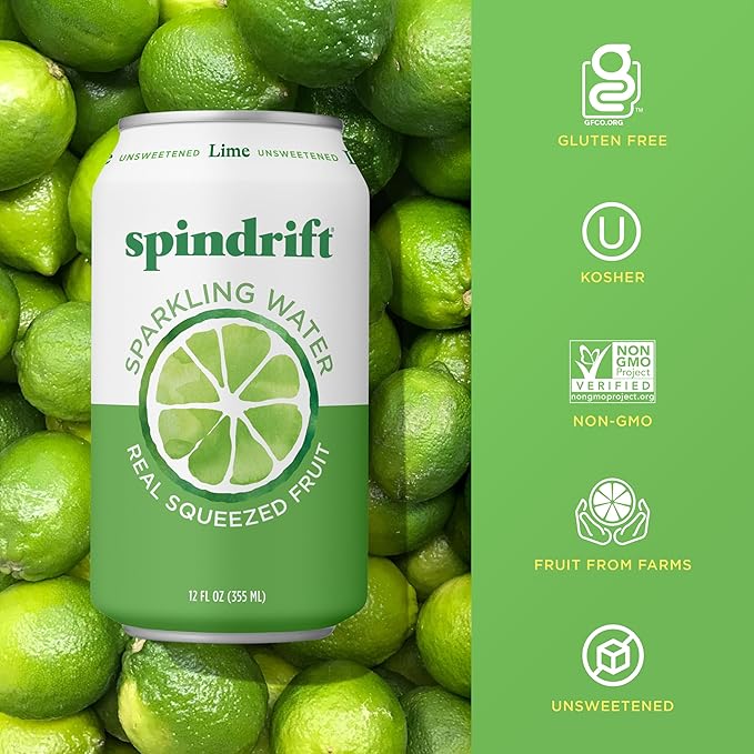 Spindrift Sparkling Water, Lime Flavored, Made with Real Squeezed Fruit, 12 Fl Oz Cans, Pack of 24