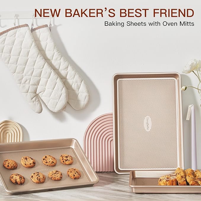 HONGBAKE 3 Pack Gold Nonstick Baking Sheet Pan Set with Oven Mitts Heat Resistant, Non-Toxic