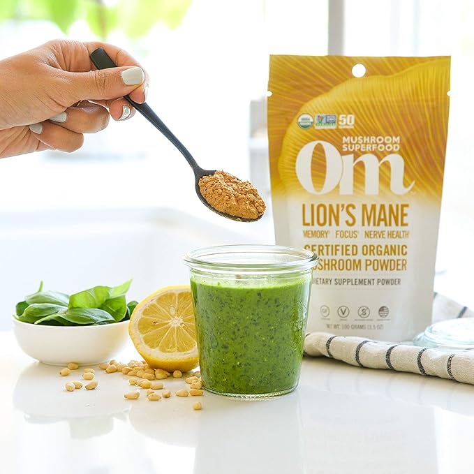 OM MUSHROOM SUPERFOOD Lion's Mane Organic Mushroom Powder, Improves Memory, Focus, Clarity, Nerve
