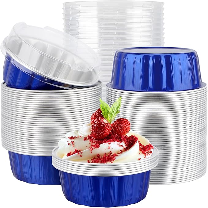 EUSOAR Cake Transport Container, 100pcs 9oz Dark Blue Sheet Cake Pan with Lid, Disposable Ramekins