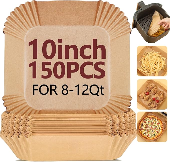 10 Inch Air Fryer Liners Disposable-150PCS Square Parchment Paper Liners,Heat Resistant &