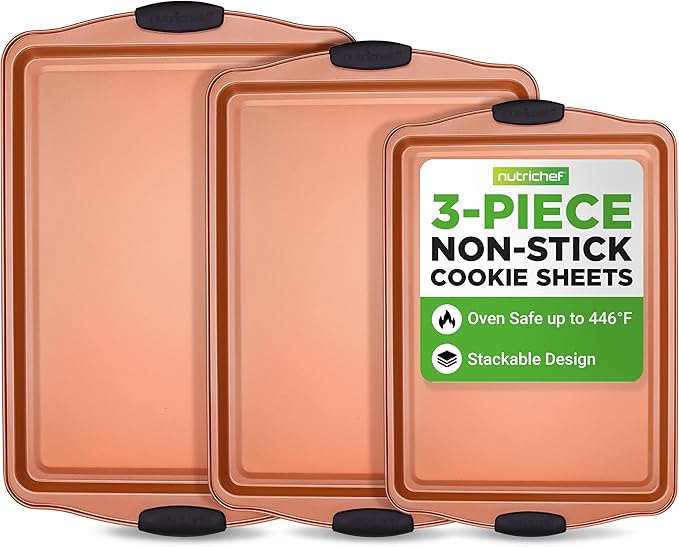 NutriChef 3 Piece Baking Pan Set - PFOA, PFOS, PTFE Free Flexible Nonstick Carbon Steel Bakeware