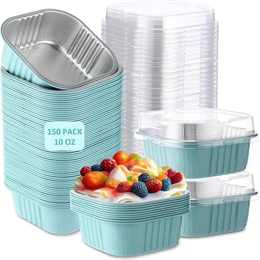 Aoriher 150 Pieces 10 oz Mini Cake Pans with Lids Aluminum Foil Baking Cups Square Disposable 4" x
