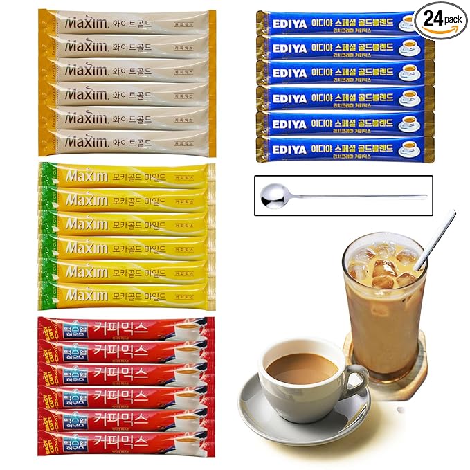 Korean 3 in 1 Instant Coffee Mix Variety Sample Packets-24 Sticks of 4 Different Flavors & Coffee