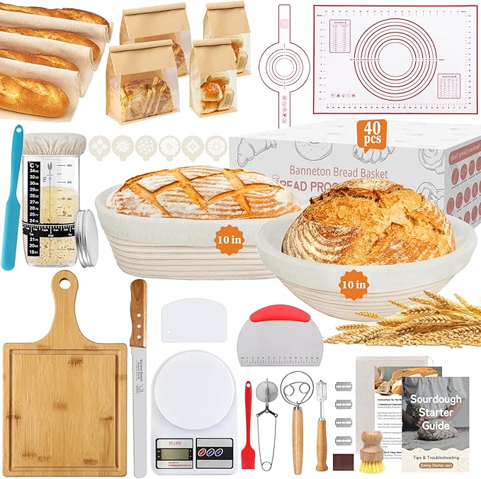 Aliggbent 40Pcs Sourdough Bread Baking Supplies, 10'' Round & Oval Banneton Bread Proofing Baskets