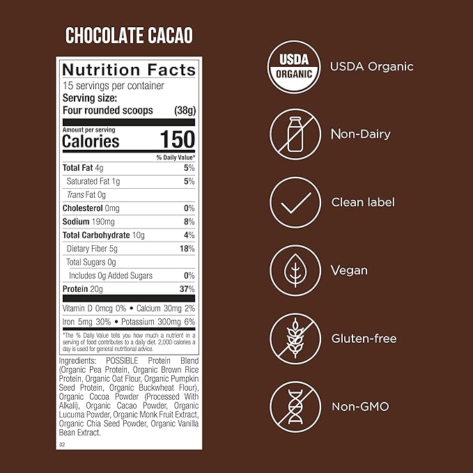 Possible Protein Powder Chocolate Cacao - 20g of Vegan, Plant-Based Protein Mix - Non-GMO