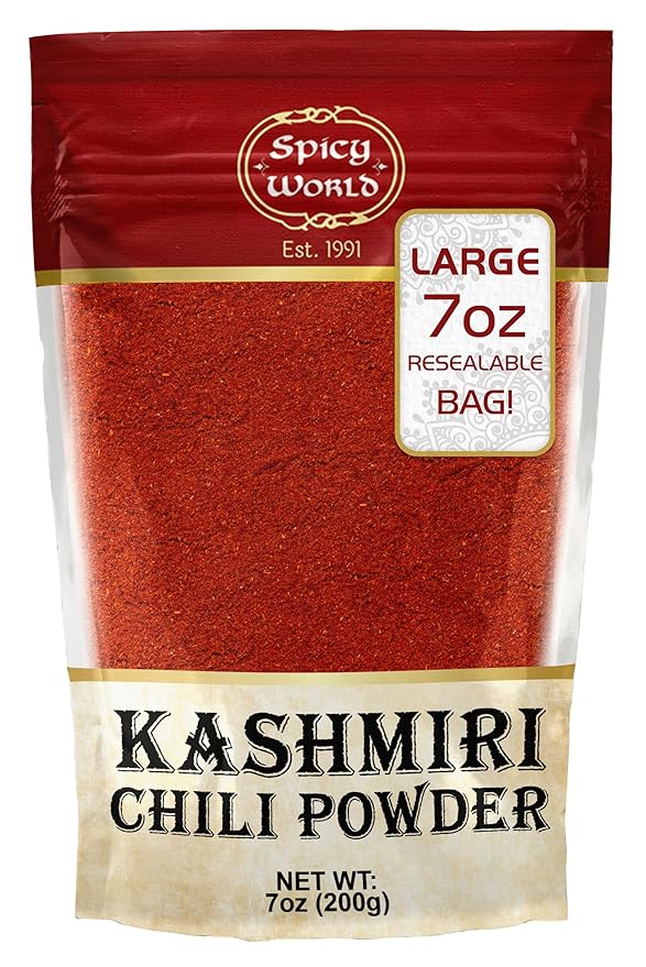 Spicy World Kashmiri Chili Powder Red 7 Ounce Resealable bag | All Natural Low Heat, Chili Powder