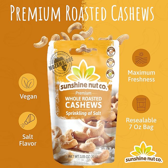 Sunshine Nut Company Whole Roasted Lightly Salted Cashews, Sprinkling of Salt Flavor, 2 Pack, 7 oz.