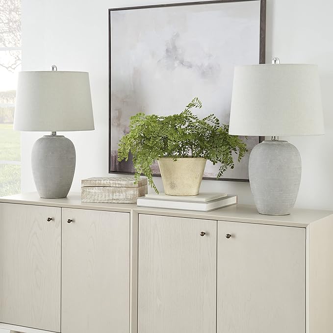 Nourison Home 23" Vintage Grey (White Washed) Ceramic Pot Table Lamp for Bedroom, Living Room
