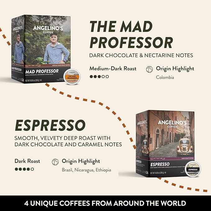Angelino's Coffee Reserve Collection Coffee Pods Variety Pack, Medium & Dark Roast Coffee K Cups
