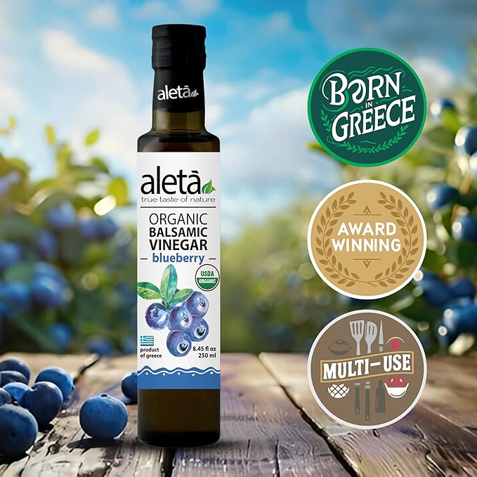 Aleta Farms Balsamic Vinegar, Greek Organic Blueberry Infused Aged Balsamic Vinegar, USDA Organic