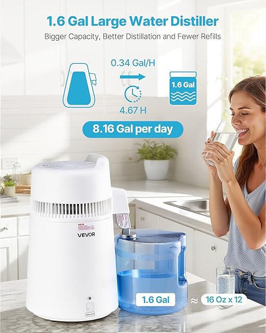 VEVOR Water Distiller, 6L 1.6 Gallon Larger Pure Water Purifier Filter for Home Table Countertop