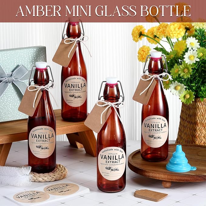 Vesici 12 Sets Swing Top Glass Bottles Set Amber Homemade Vanilla Extract Bottles with Stoppers